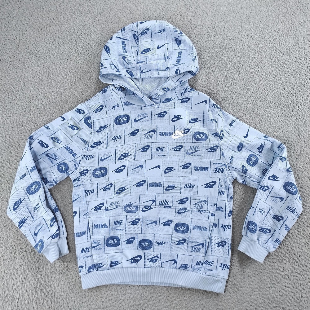 Nike Sportswear Hoodie Kids XL Blue All Over Logo Graphic Pullover FN8741-440
